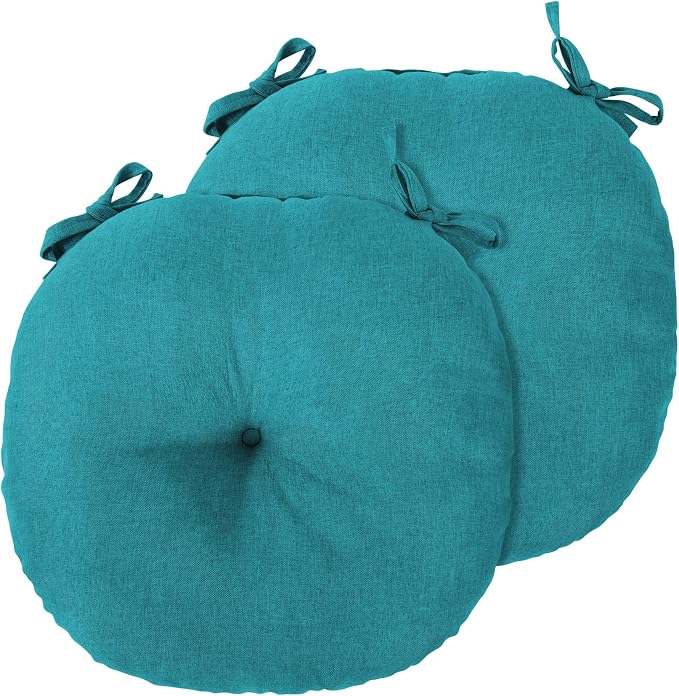 Teal Blue Bistro Chair Cushions Set of 2, Round Seat Chair Pads with Ties for Dining Room Patio