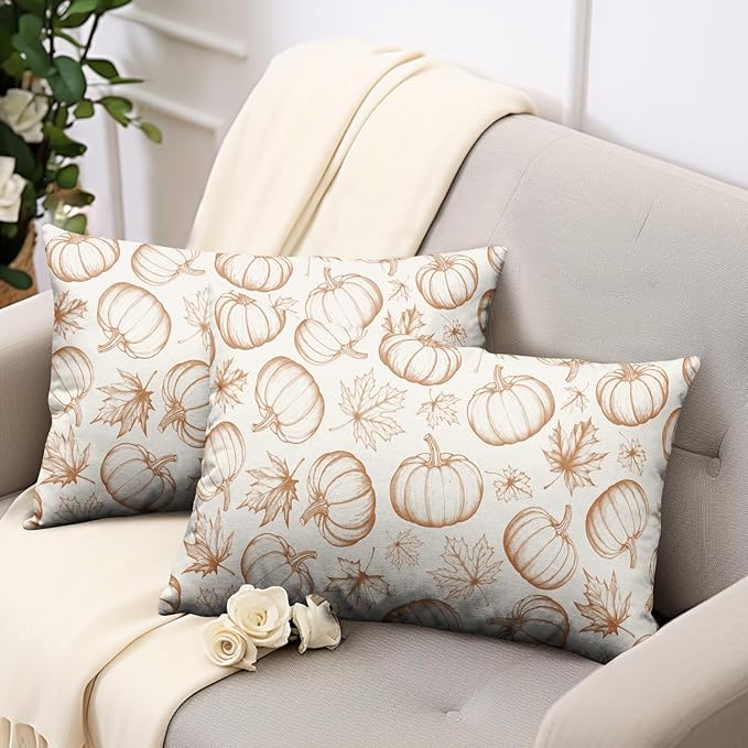 Fall Pumpkin Lumbar Pillow Covers 12x20 Set of 2 Burnt Orange Cream Maple Leaves Throw Pillow Covers Autumn Pillowcase Rectangular Cushion Case for Home Decor Outdoor Sofa