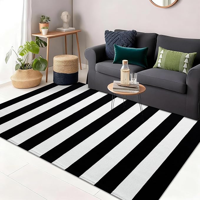 OLANLY Black and White Striped Rug 5' x 7' – Washable Cotton Indoor Outdoor Doormat for Front Door, Entryway, Kitchen, Porch, Patio Decor