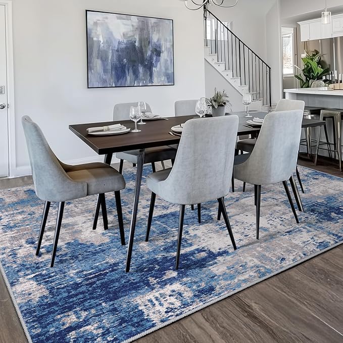 RELEANY Washable Area Rugs 5'x8' Non-Slip Modern Abstract Soft for Living Room Entryway Bedroom Nursery, Print Pattern, Blue Grey Navy Gray