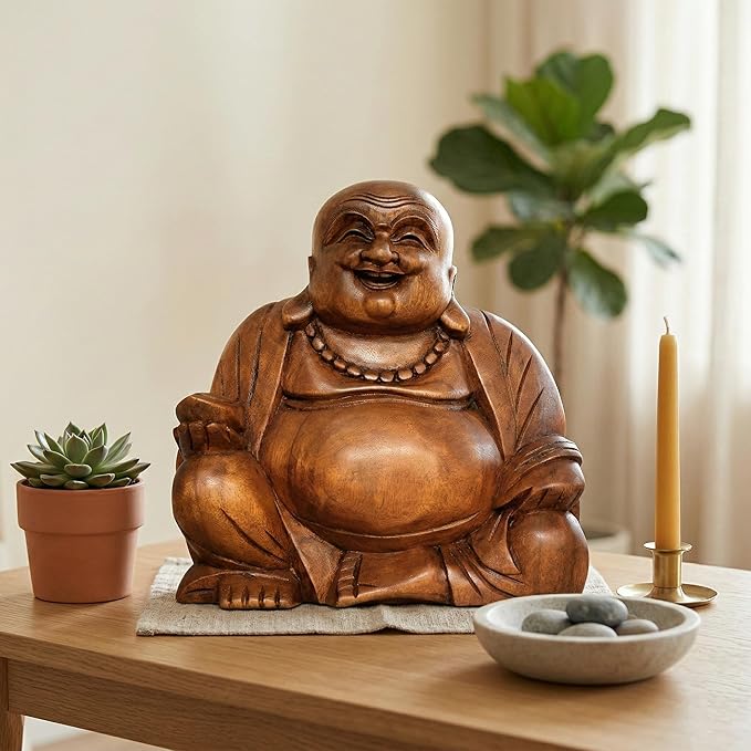 G6 Collection 8" Wooden Laughing Happy Buddha Statue Hand Carved Smiling Sitting Sculpture Handmade Figurine Decorative Home Decor Accent Rustic Handcrafted Art Decoration Happy Buddha (Small)