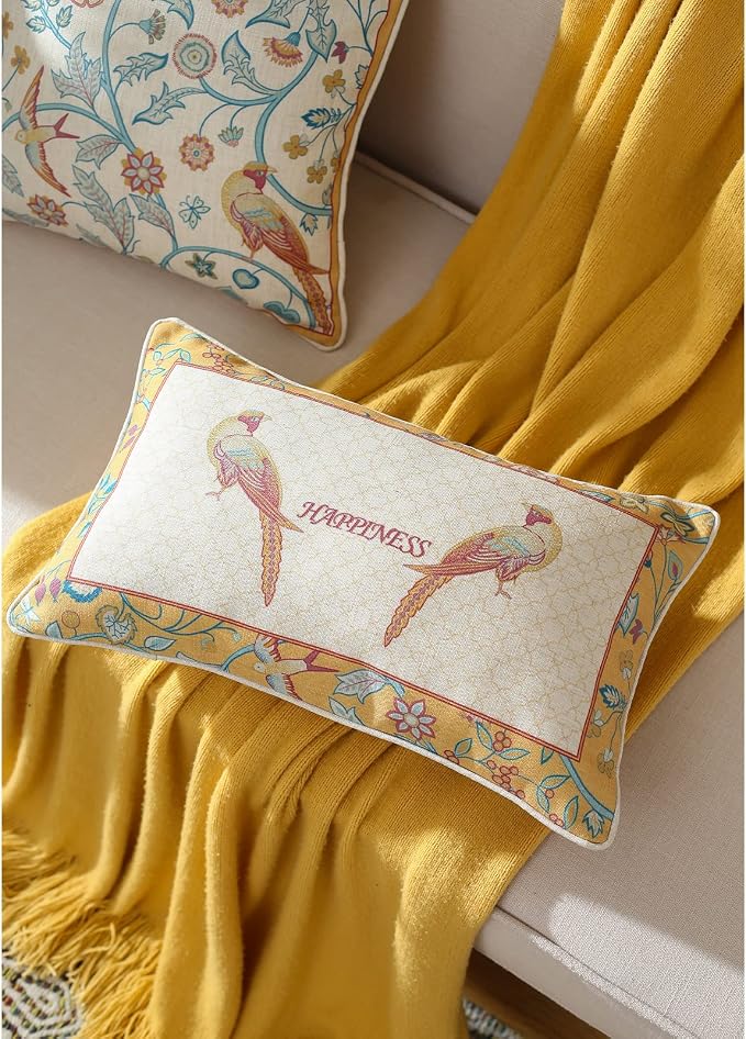 patdrea French Vintage Linen Throw Pillow Cover,12"x20"-Magnolia C | Elegant Decorative Pillow Case with Zipper,Yellow Floral Pattern,Cushion Coverfor Couch Living Room Bedroom Sofa
