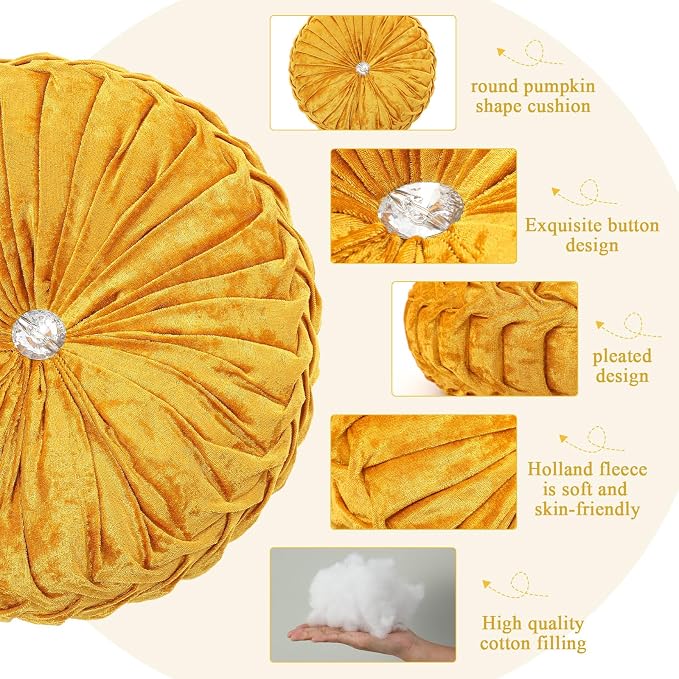 Drydiet 1 Pcs Round Throw Velvet Pillows Decorative Pleated Throw Pillows Diameter Accent Pumpkin Boho Chair Cushion for Couch Sofa Home Decoration (Velvet Gold,15'')
