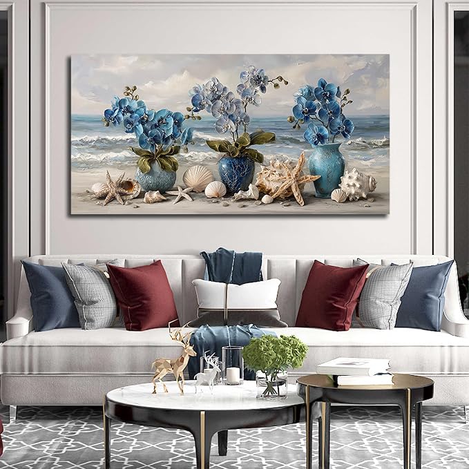 AOZEMI Vase Wall Art Large Seascape Wall Decor Beach Canvas Art Coastal Ocean Pictures Flower Poster Starfish Conch Shell Print Art for Bedroom Bathroom Living Room Office 29"x 59"
