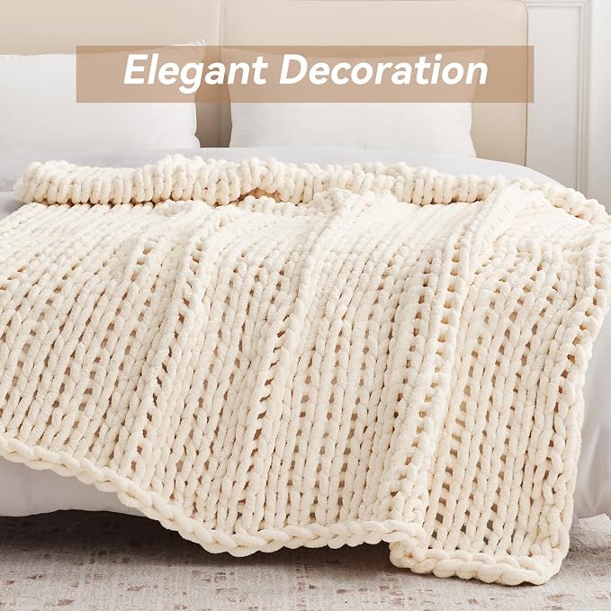 Negwoo Chunky Knit Throw Blanket, 80''*90'' Knitted Throw Chenille Yarn for Bed Couch, Handmade Cream Crochet Big Thick Blanket, Machine Washable Cute Comfy Blanket for Home Decor
