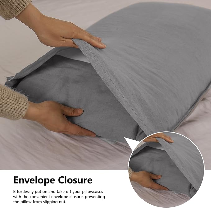 Simple&Opulence 100% Linen Pillowcases Basic Style Solid Color Set of 2, King Size Stone Washed Flax Pillow Cover Envelope Closure (20''x40'', Ultimate Grey)