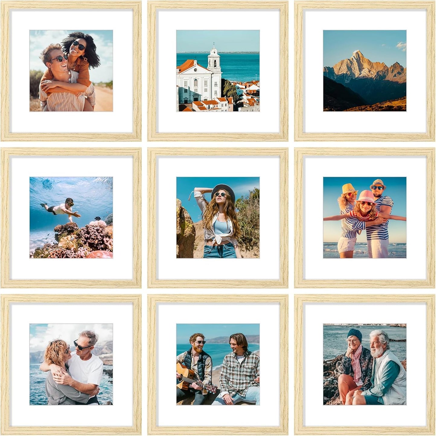 Vittanly 12x12 Picture Frames Set of 9, Shatter Resistant Plexiglass, Display 8x8 Pictures with Mat or 12x12 without Mat, Photo Frames for Wall Mount, Engineered Wood, OAK