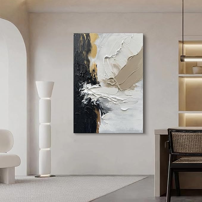 40x28 inch Hand-Painted White and Black Texture Abstract Art Modern Minimalist Home Office Wall Decoration Painting