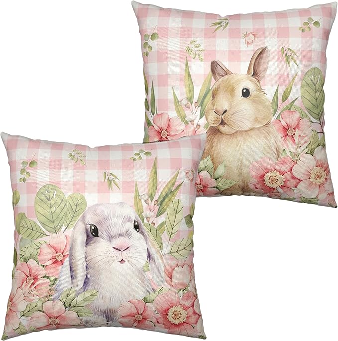 Easter Bunny Pillow Covers 20x20 Set of 2 Spring Floral Decorative Pillowcase Cute Rabbit Cotton Linen Cushion Case Pink Plaid Throw Pillow Covers for Sofa Patio Outdoor