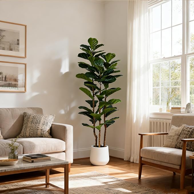 5ft Fake Fiddle Leaf Fig Tree, Realistic Fake Plants with Natural-Looking Trunk, Evergreen Faux Plants Indoor for Home & Office Decor（3 Poles, White Pot）