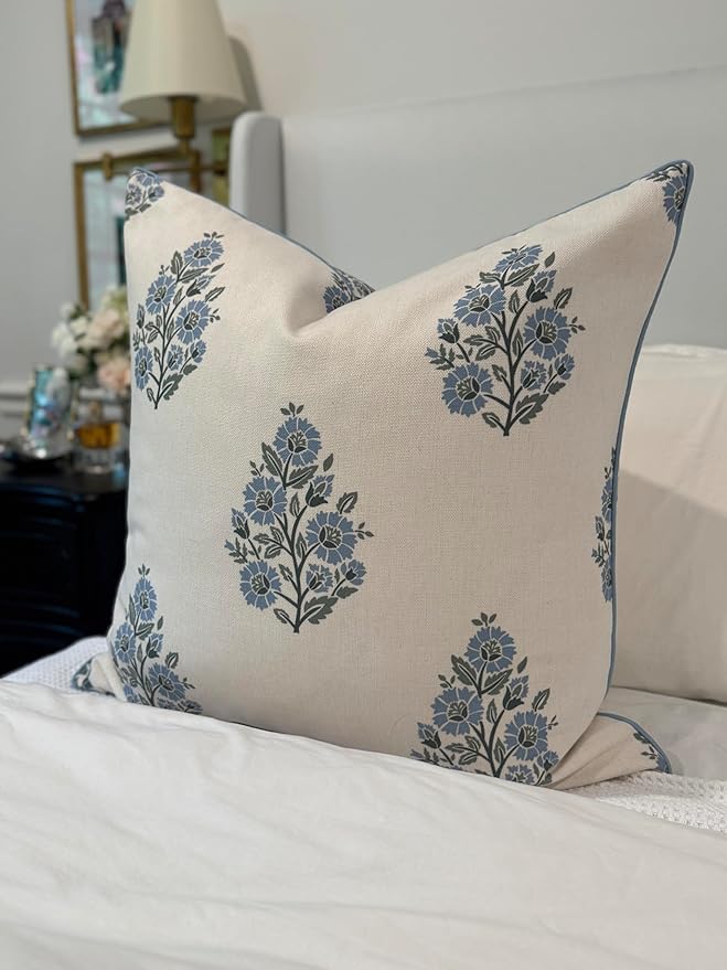 Jillien Harbor “The Camille” Decorative Pillow Cover – Blue & Whitel Floral Block Print Pillow Cover – Grandmillennial Home Decor, 24" x 24"