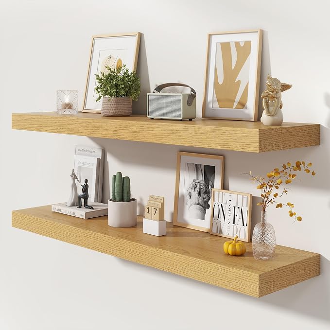 FLYJOE 48 Inch Floating Shelves | 12 Inch Deep Oak Floating Shelves Set of 2 | 48" W x 12" D Oak Wall Shelves for Bathroom Living Room Kitchen Laundry Room