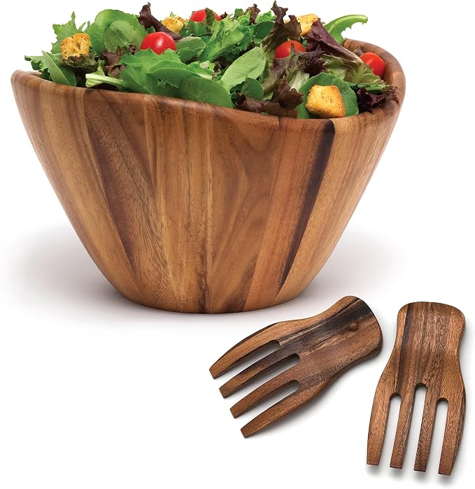 Acacia Wave Bowl with Salad Hands