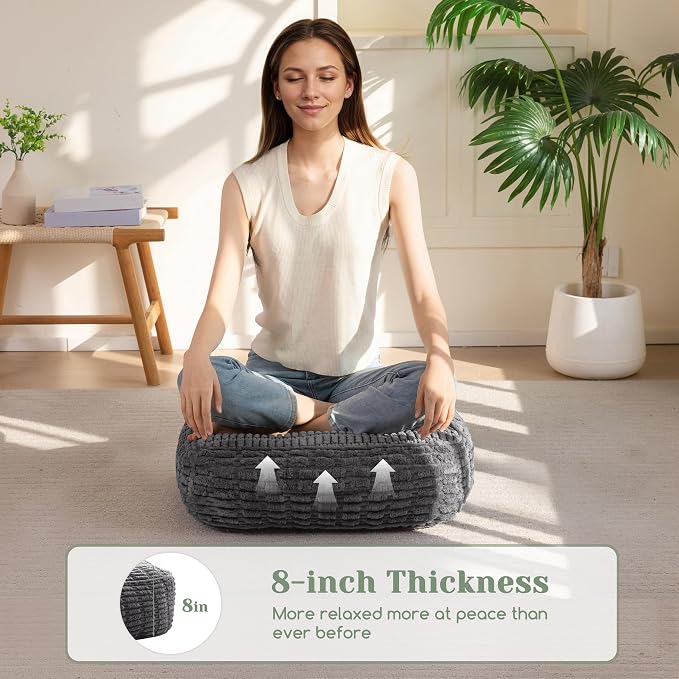 HIGOGOGO 8" Floor Pillow Cushion for Adults, Meditation Cushion Pillow, Blended Corduroy Cover, Large Square Floor Sitting for Tatami Living Room or Yoga, 22x22 Inch, Dark Grey