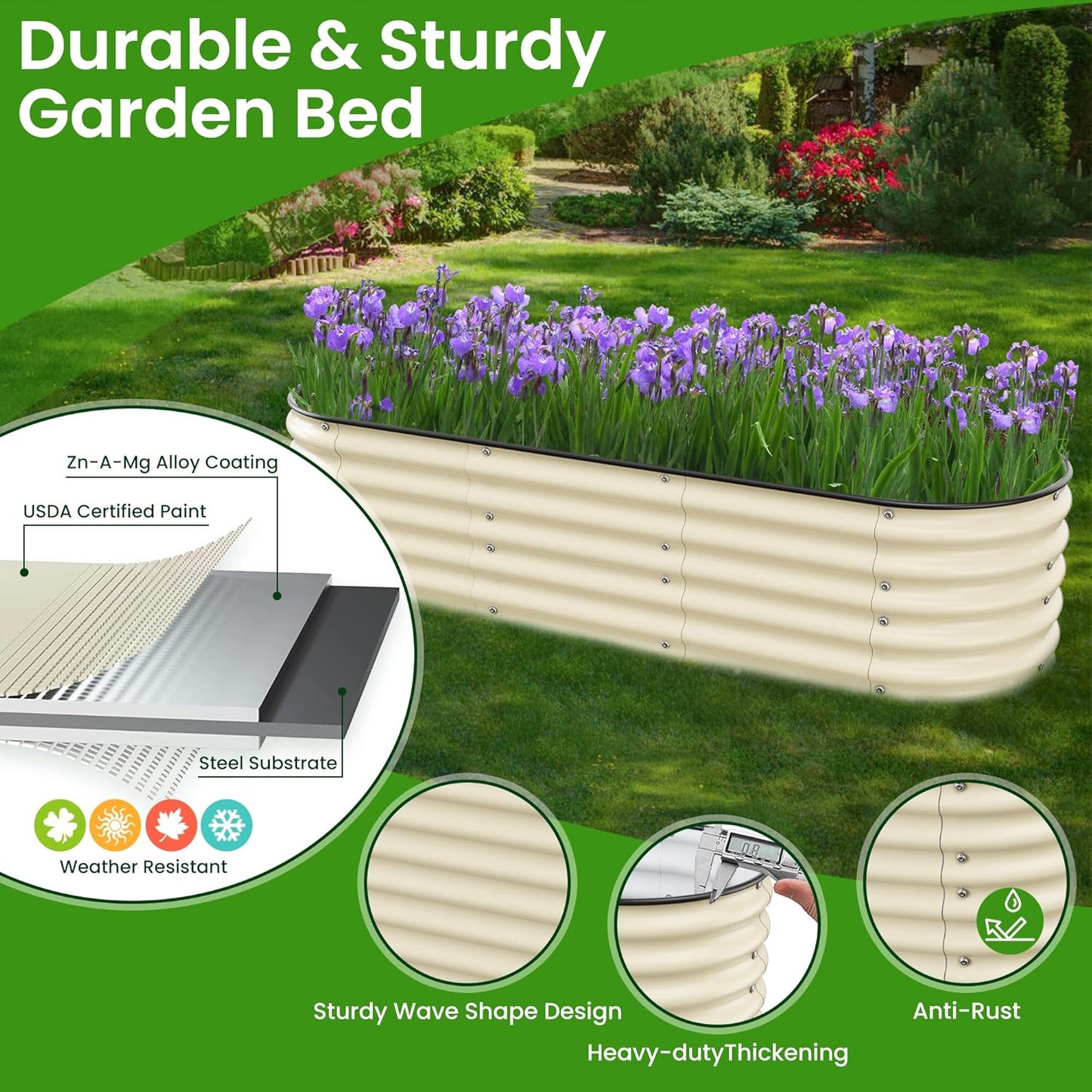 Raised Garden Bed 6.5X2X1.4 FT Galvanized Planter Raised Beds, Metal Planter Box for Vegetables,Flowers, Herbs, and Succulents (Ivory)