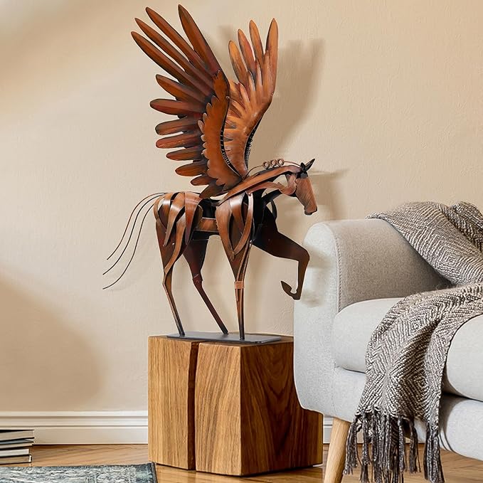 SunBlogs Art Horse Statue Décor Artwork, 24" H Handmade Metal Pegasus Greek Flying Horse Sculpture, Hand-Painted Animal Figurines for Home Living Room Office (Brown with Wings)