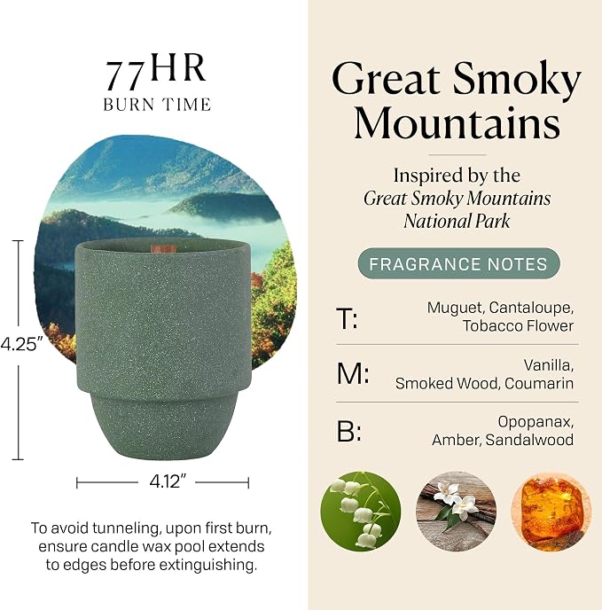 Paddywax Parks, Great Smoky Mountains Scented Candle in Ceramic Jar with Crackling Wood Wick, Soy Candle with Approx. 77 Hour Burn Time, Decorative Gift Candles for Home, Maplewood & Moss Scent, 11 oz