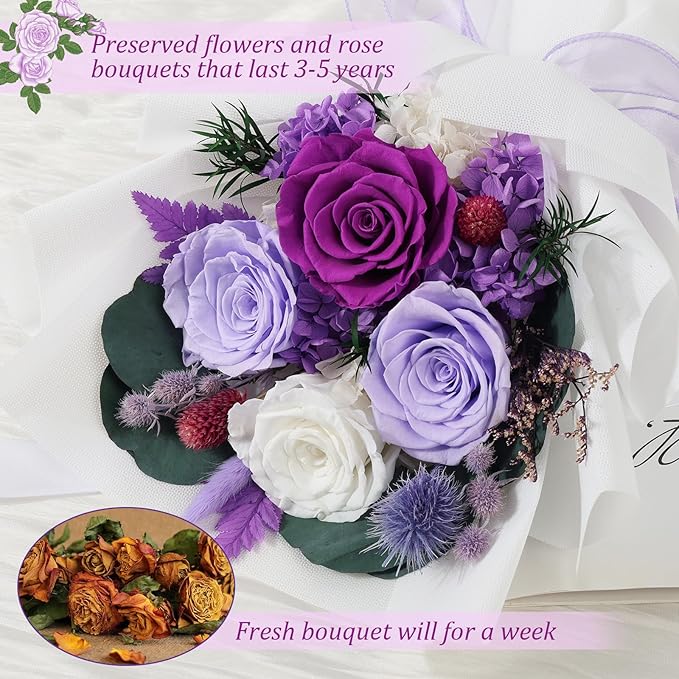Preserved Flowers Bouquet 4 Roses with Vase,Flowers for Delivery Prime That Last 3-5 Years Real Forever Flowers Rose Bouquet for Mom Mother Women Wife Friends Birthday Mother's Day
