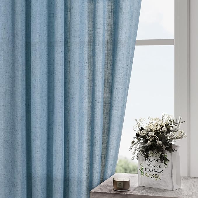 Nanspring Blue Semi Sheer Linen Curtains 90 inch Length for Living Room Back Tab Rod Pocket Modern Farmhouse Coastal Decor Dusty Blue Cotton Textured Gauze Curtains for Dining Room Office 52x90