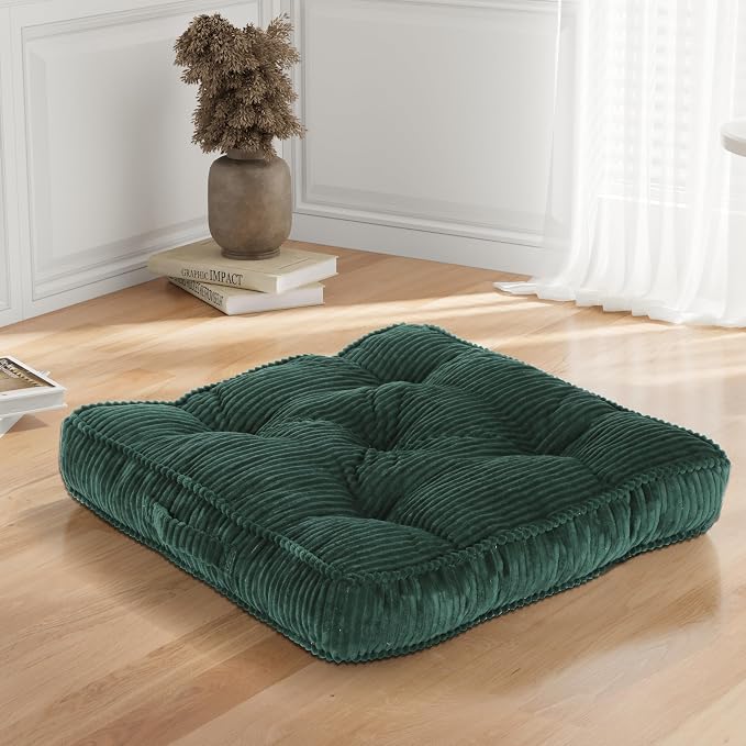 Meditation Floor Cushion, 22x22 Tufted Floor Pillow for Adults, Square Large Meditation Cushion Pillow, Green Corduroy Sitting with Handle, Yoga Seating for Tatami, 1Pack