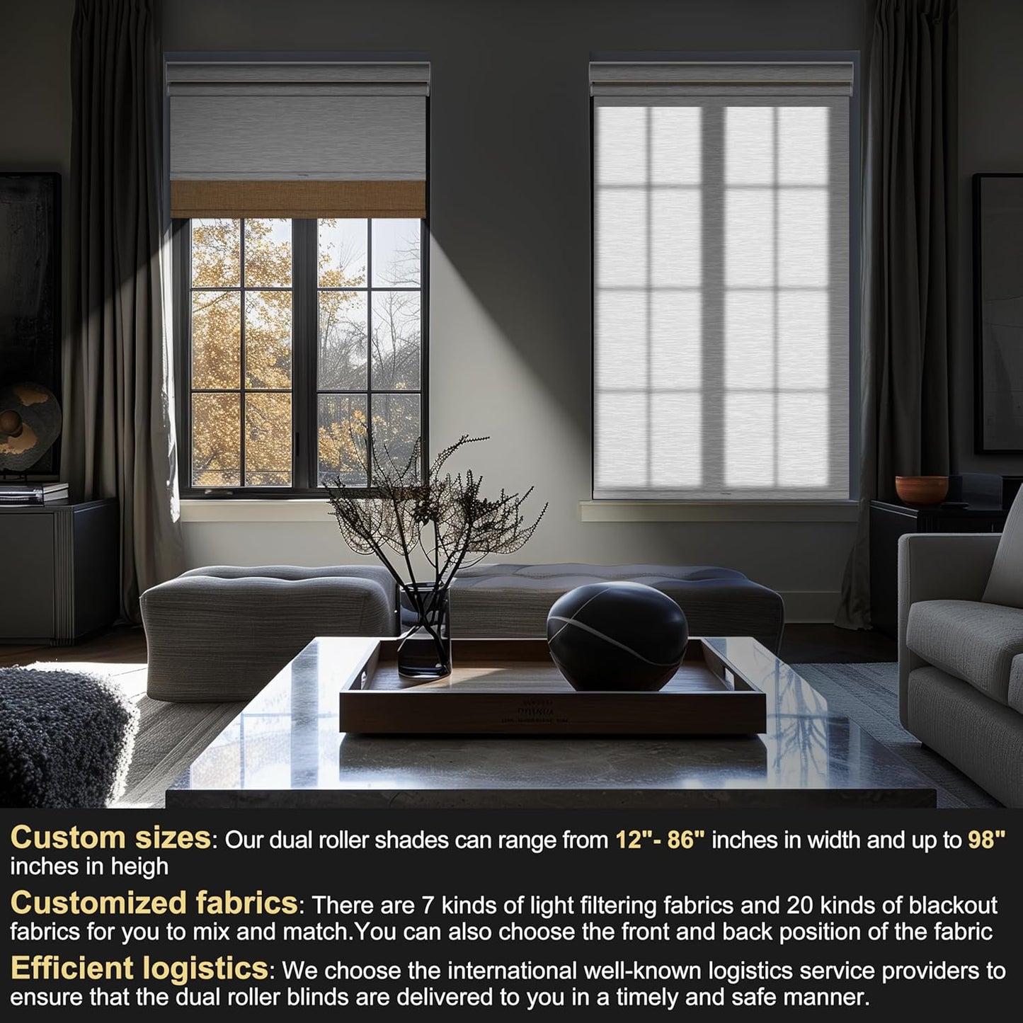 BERISSA Cordless Dual Roller Shades With Cassette Valance, Blackout and Light Filtering, Day and Night for Home Office Door - Linen Beige and White, 50 W x 64" H