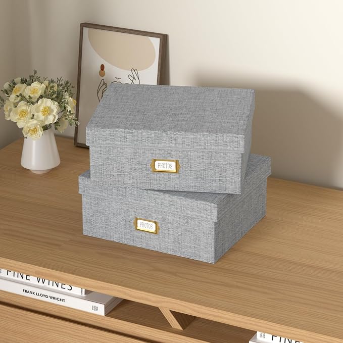 Decorative Photo Storage Box - 2 Pack Linen Photo Box Organizer with Dividers, Fits Holds Up to 1700 Pictures and 4x6 Photos, Memory Keepsake Organizer for Scrapbook Supplies, Cards, Stamps (Grey)