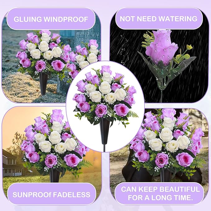 Lodou Set of 2 Artificial Cemetery Flowers, Memorial Flowers Bouquet,Grave Memorial Flowers with Vase for Cemetery Headstones Decoration (Purple White)