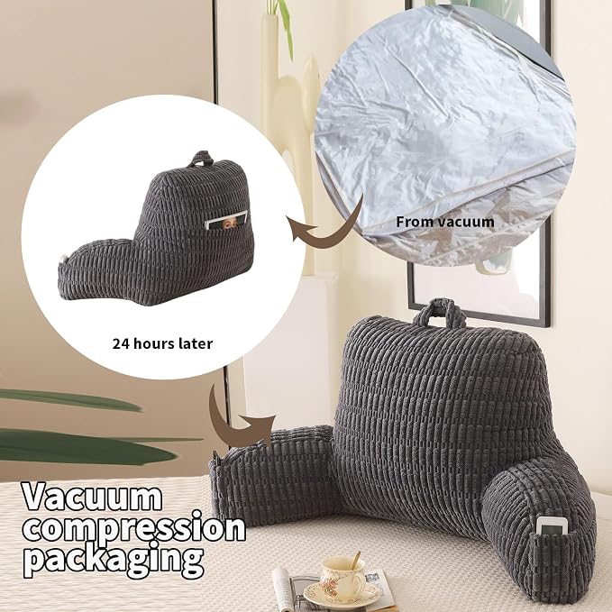 Reading Pillow for Sitting in Bed with Arm,Gray Corduroy,M | Sitting Pillow for Teens Back Support,17" Backrest Pillow Supports Reading,Gaming & Relaxing in Bed,Couch,or Floor