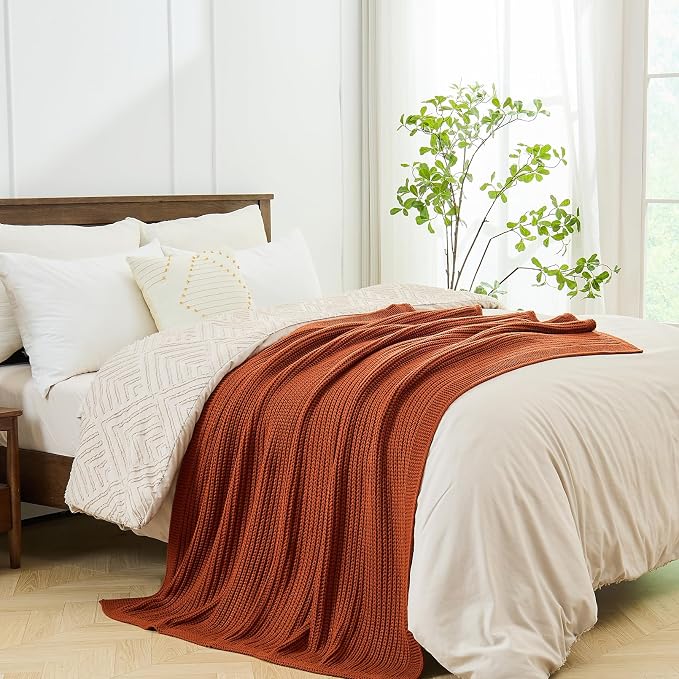 Chunky Knit Rust Orange Throw Blanket 60"x80" Soft Cozy Lightweight Knitted Blanket for Couch Sofa Bed, Cute Decorative Spring Throw for Living Room