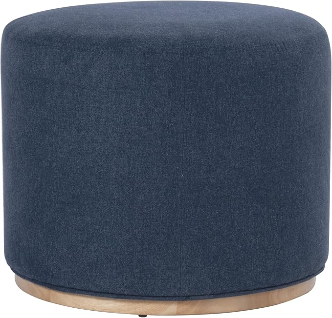 Spatial Order 22" Round Ottoman with Wooden Base - Blue Woven Fabric