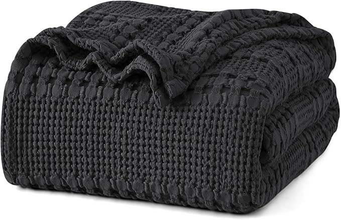 PHF 100% Cotton Waffle Blanket King Size for Bed, Lightweight Breathable and Soft for Summer, Luxury Aesthetic Waffle Weave Blanket for Home Decor & Gifts for Women, 108"x90", Black