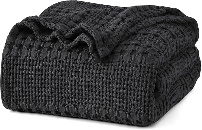 PHF 100% Cotton Waffle Blanket Twin Size for College Dorm, Lightweight Breathable and Soft for Summer, Luxury Aesthetic Waffle Weave Blanket for Bed & Gifts for Women, 66"x90", Black