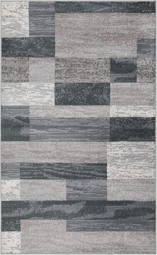 Superior Indoor Area Rug, Jute Backed, Modern Geometric Patchwork Floor Decor for Bedroom, Office, Living Room, Entryway, Hardwood Floors, Rockwood Collection, 7' x 9', Blue-Taupe