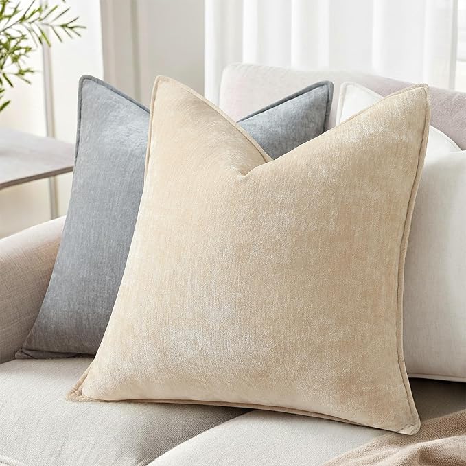decorUhome Summer Couch Euro Sham Throw Pillow Covers 22x22 Set of 2, Decorative Soft Velvet Modern Cozy Chenille Pillow Cases with Elegant Design for Sofa Bed Living Room Home Decor, Beige