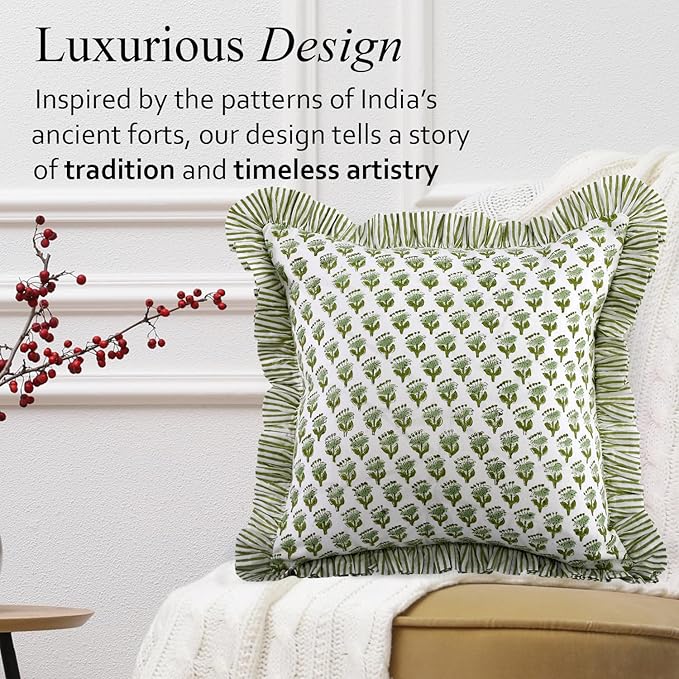 CPC Block Print Ruffle Throw Cover Emerald Green 16"x16" Inch Pack of 2-100% Cotton Ruffle Couch Decorative Boho Pillows Case for Living Room, Bedroom, Sofa, Farmhouse Gift for Spring, Mother's Day