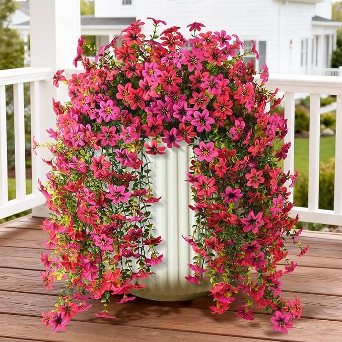 ZFProcess Artificial Hanging Flowers Plants for Outdoor Spring Summer Decoration, 2PCS Faux Silk Daisy UV Resistant Look Real for Outside Home Indoor Planter Porch Garden Yard Decor(Rose Red Fuchsia)