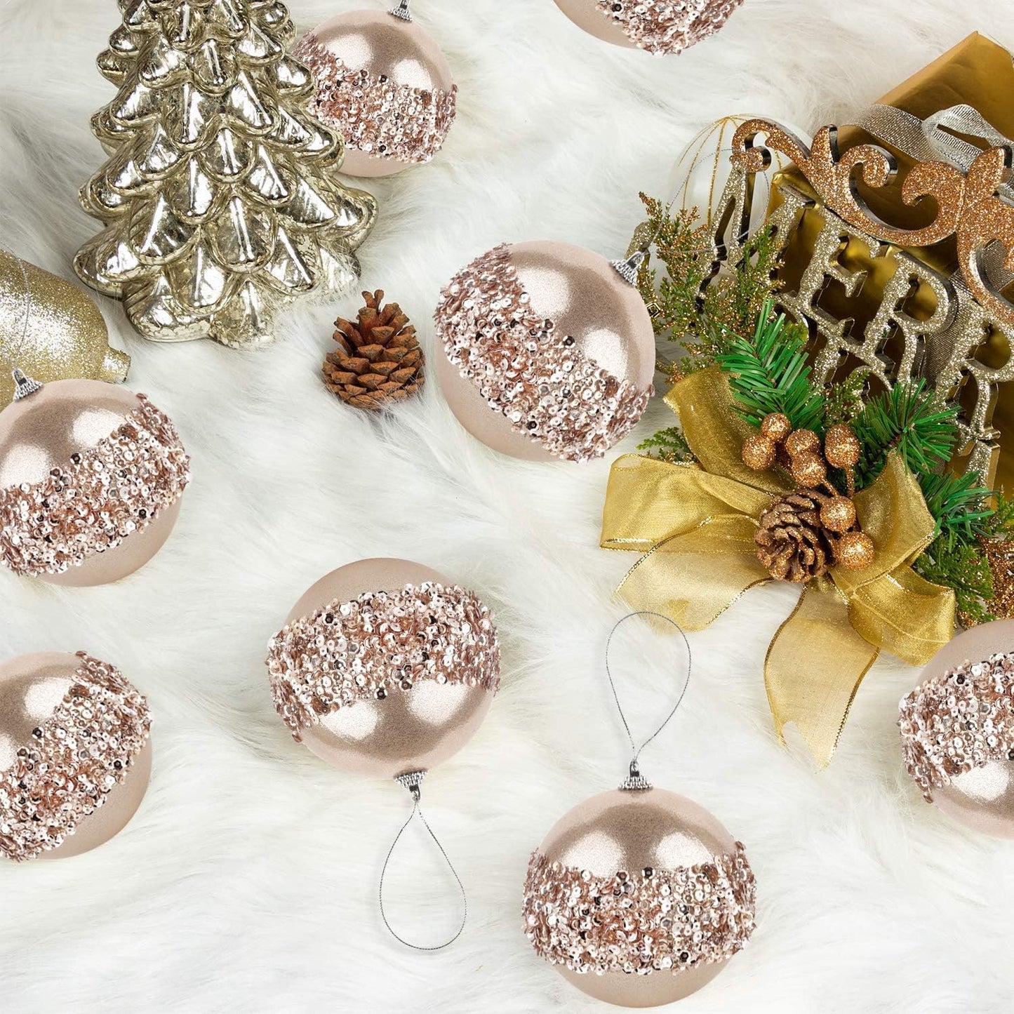 4pc Champagne Shatterproof 4" Christmas Ball Ornaments for Trees, Weddings, Holiday Decor