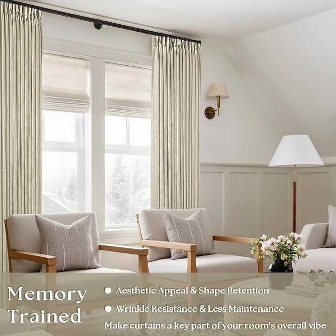 Beige Pleated Linen Curtains 105 Inches Long 2 Panels for Living Room Bedroom Memory Training Shaped Semi Sheer Neutral Flax Burlap Pinch Pleat Drapes Hooks Rings Light Filtering Window Curtain