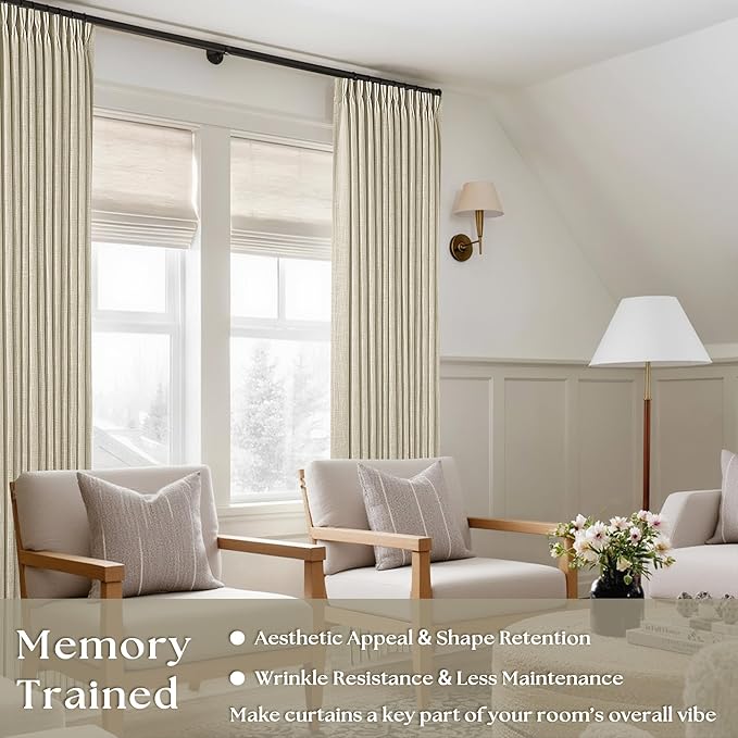Beige 100 Inch Pleated Linen Curtains 2 Panels for Living Room Bedroom Memory Training Shaped Semi Sheer Neutral Light Tan Flax Burlap Pinch Pleat Drapes Hooks Rings Light Filtering Window Curtain