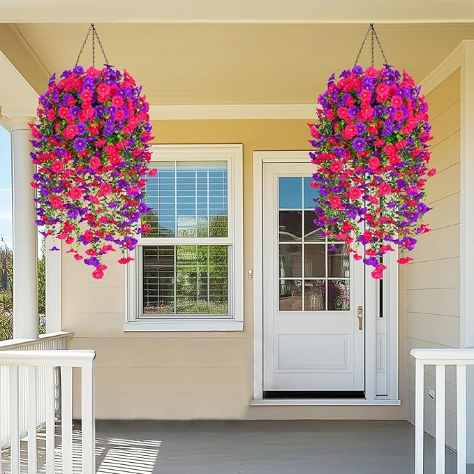 Dolicer 4 Pack Look Real Artificial Flowers for Outdoors, Fake Artificial Hanging Flowers for Outdoors Realistic UV Resistant Hanging Flowers Silk Petunia Faux Flowers for Porch Patio(Purple+Rose Red)