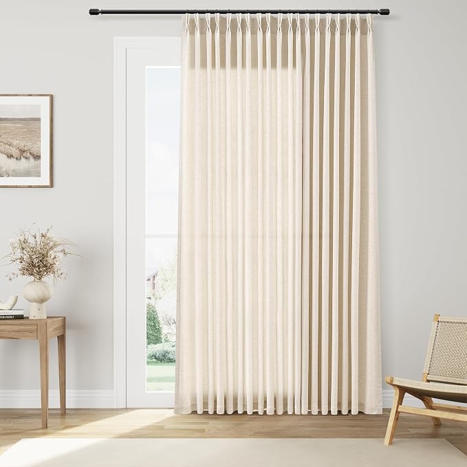 100 Inch Extra Wide Pinch Pleated Linen Curtains for Patio Sliding Glass Door Natural Cream Beige Light Filtering Semi Sheer Curtain for Living Room Divider Farmhouse Back Tab Drape 1 Panel 100x84