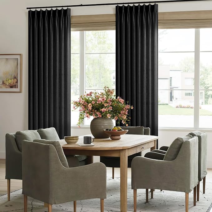 Black Linen Curtains Pinch Pleated 90 Inches Long for Living Room Bedroom Pleat with Hooks Rings Back Tab Semi Sheer Curtains 90 Inch Length Light Filtering Farmhouse Rustic Drape 1 Panel W50xL90