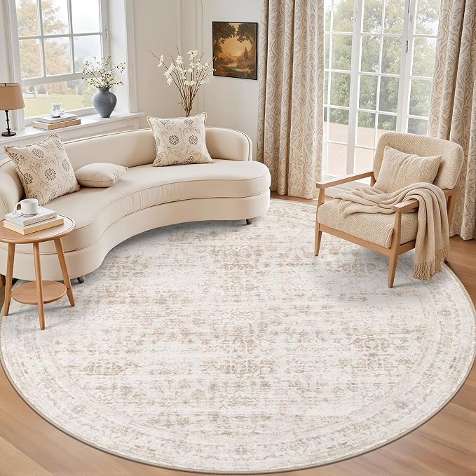 Round Area Rug for Living Room: 4 ft Washable Vintage Boho Soft Thin Circle Rug Indoor Floor No Slip Stain Resistant Carpet for Bedroom Dining Room Farmhouse Nursery Home Office -Beige Brown