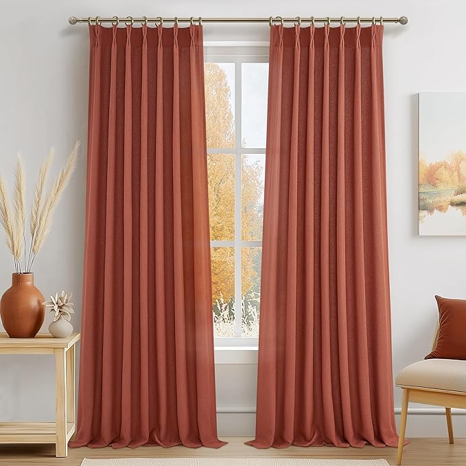 Rust Burnt Orange Fall Sheer Curtains 90 Inches Long for Bedroom 2 Panels Set, Pinch Pleated Flax Linen Light Filtering Decorative Windows Curtain with Hooks Dining Room Privacy Country Drape 7-1/2 FT