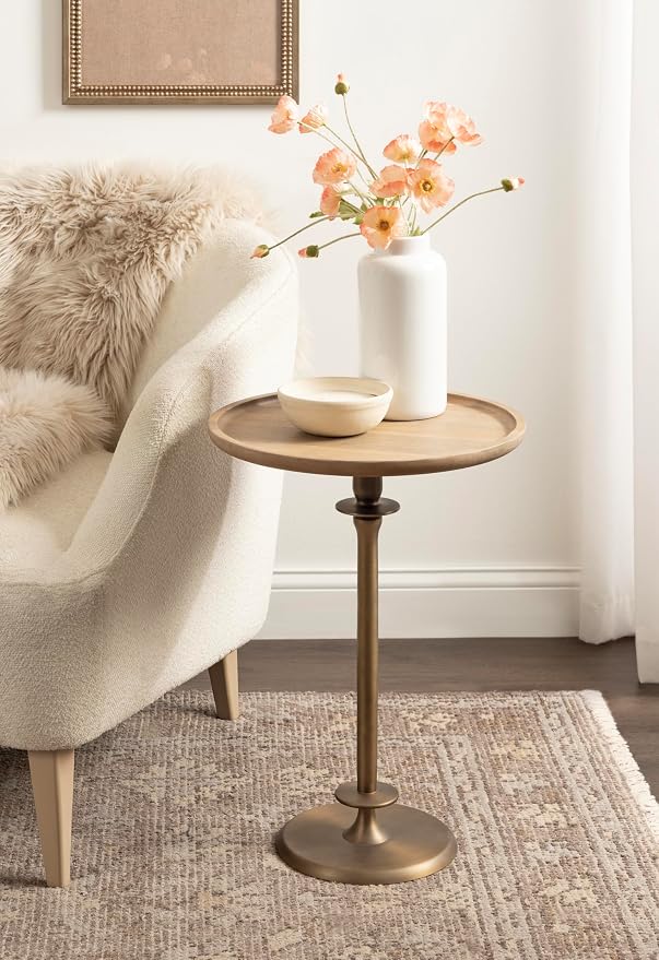 Kate and Laurel Arora Modern Wood and Metal Round Side Table, 17 x 17 x 24, Light Natural and Antique Brass, Transitional Sculptural Living Room End Table for Indoor Plant Stand or Bedroom Nightstand