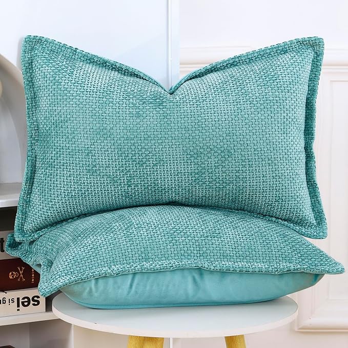 MADIZZ Decorative Chenille Velvet Throw Pillow Covers Set of 2 Soft Boho Textured Neutral Couch Throw Pillow for Bed Modern Farmhouse Home Decor for Sofa Livingroom Turquoise 12x20 Inch