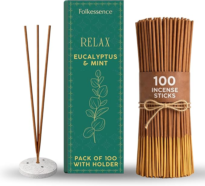 Folkulture Incense Sticks with Holder (100 Sticks)| Eucalyptus Incense Stick for Meditation, Aromatherapy, Realxation Gifts | No Charcoal,Organic,Non Toxic, 45 Mins, Long Burning Insence-Sticks
