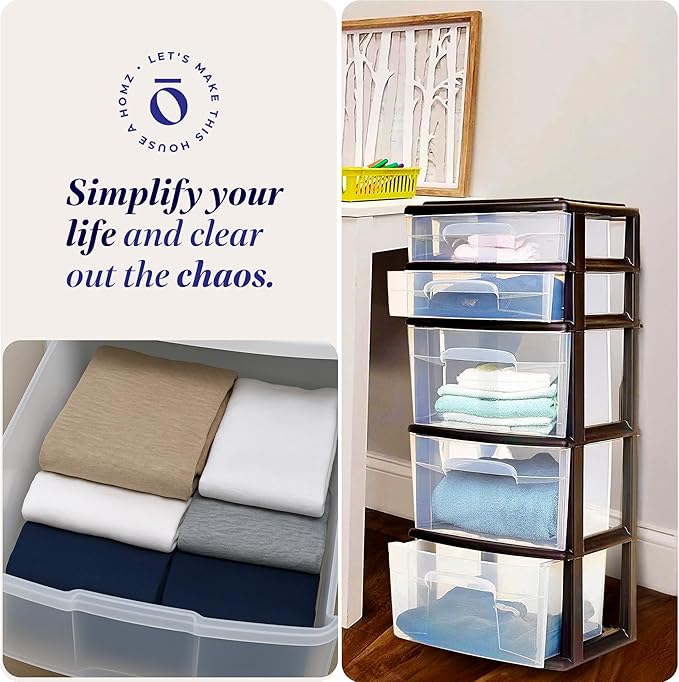 HOMZ Drawer Tower, 5-Tier Clear Plastic Storage Organizer Unit, Black Frame - Multi-Purpose Container Drawers for Bedroom, Bathroom, and Office Organization