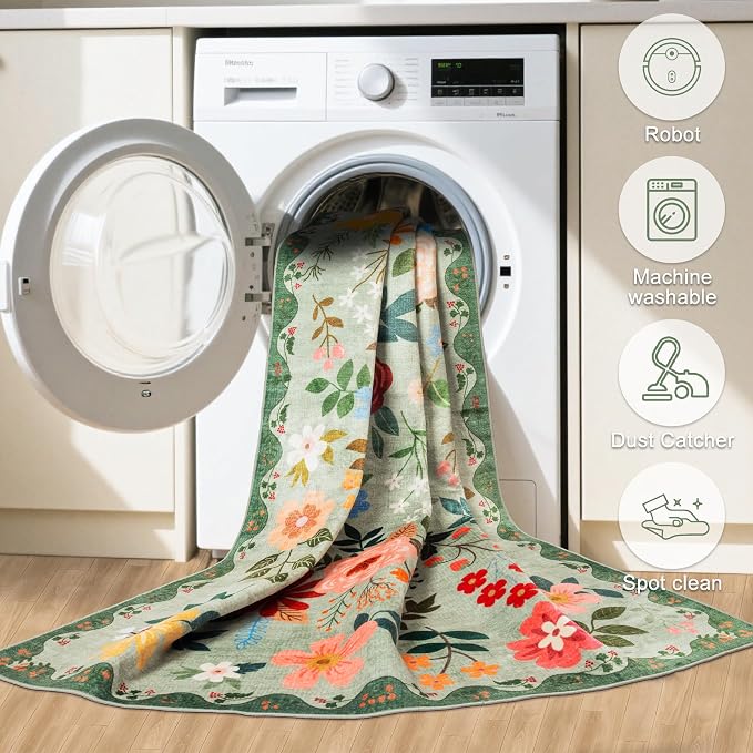 Runner Rug for Entryway: 2x5 Kitchen Rugs Non Slip Washable Ultra-Thin Soft Floral Carpet Indoor Floor Stain Resistant Carpets for Hallway Bedroom Kitchen Laundry Bathroom Dorm Green