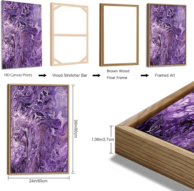 Large Canvas Wall Art for Living Room Natural Wood Float Framed Art Set of 3 Purple Abstract Pictures Minimalist Artwork Canvas Prints for Bedroom Home Office Wall Decor 24X36inX3pcs